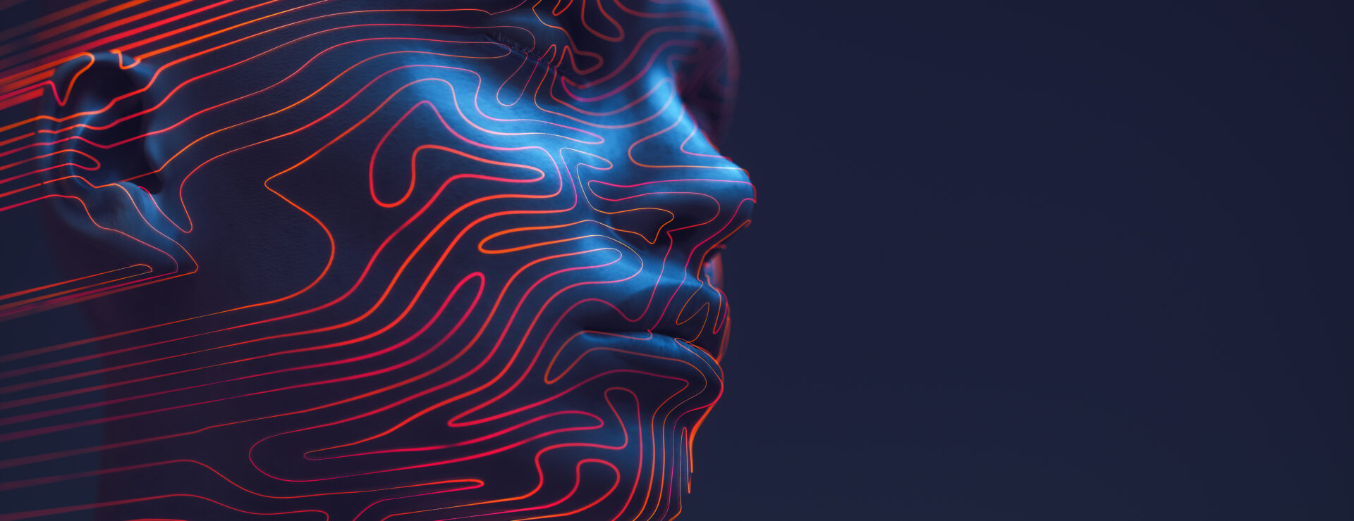 3D rendered digital human head outlined with neon contour lines that resemble a fingerprint's unique swirls, against a deep blue background. Concept of digital identity and security, blending the human element with the precision of technology.