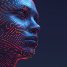 3D rendered digital human head outlined with neon contour lines that resemble a fingerprint's unique swirls, against a deep blue background. Concept of digital identity and security, blending the human element with the precision of technology.