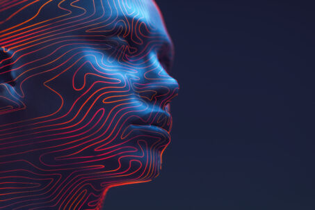 3D rendered digital human head outlined with neon contour lines that resemble a fingerprint's unique swirls, against a deep blue background. Concept of digital identity and security, blending the human element with the precision of technology.