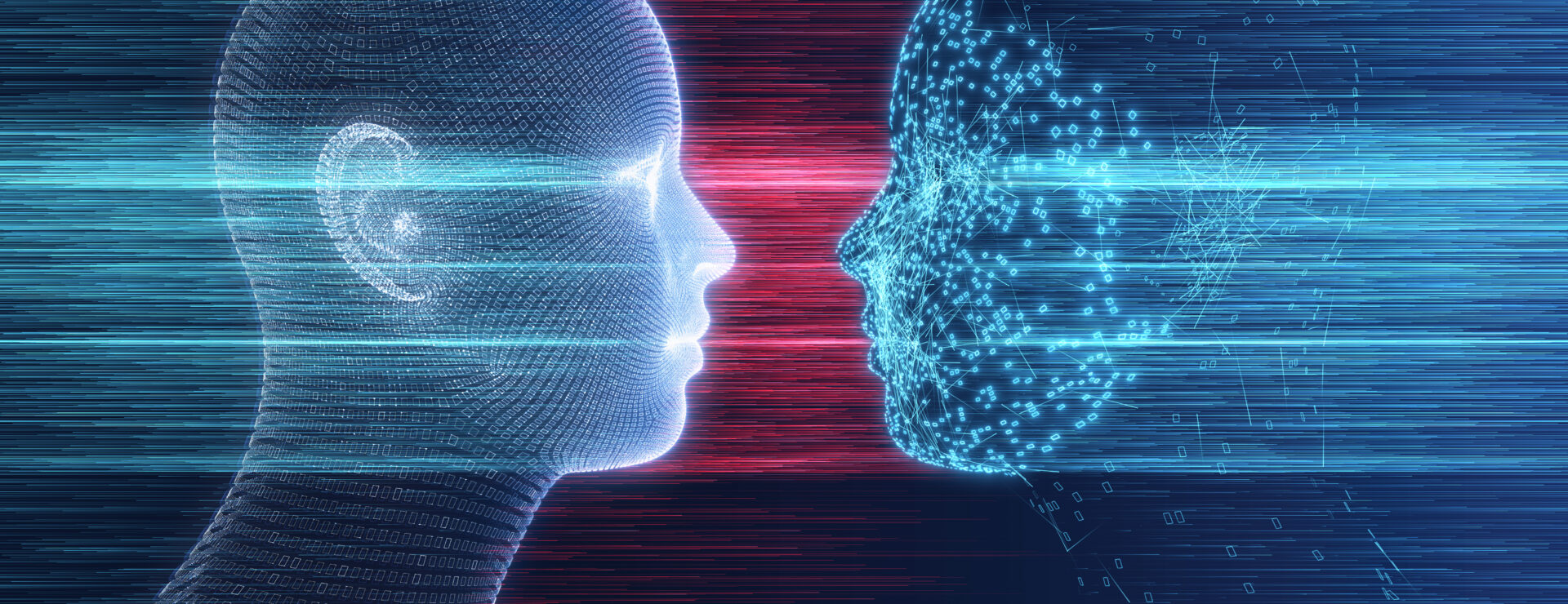 Digital illustration of two human-like AI faces facing each other, composed of glowing data points and lines, representing AI interaction and technology